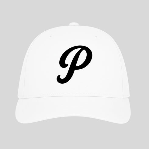 White cap with a black letter 'P' on a gray background